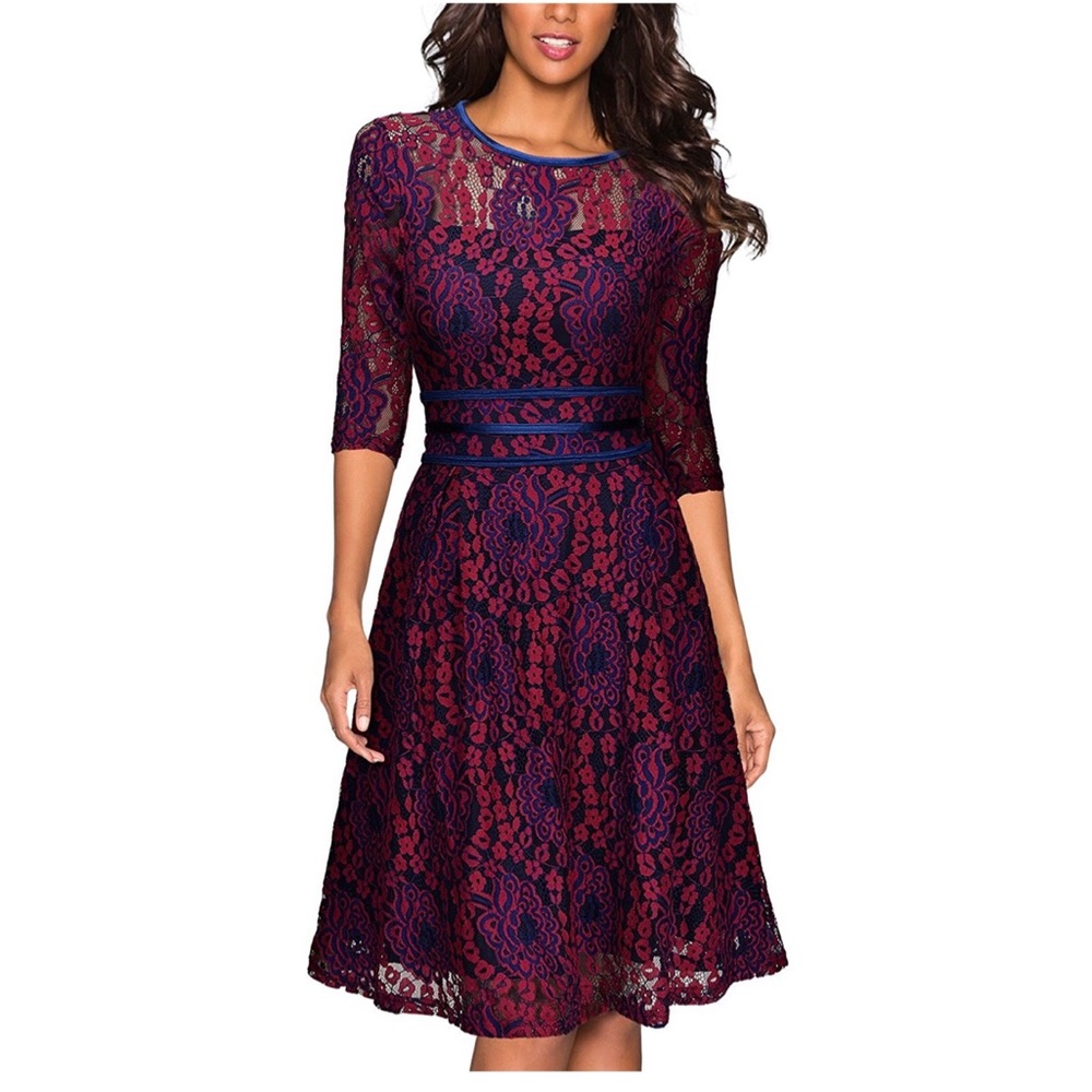 NWT Miusol Red & Blue Floral Lace Dress w/ Sleeves
